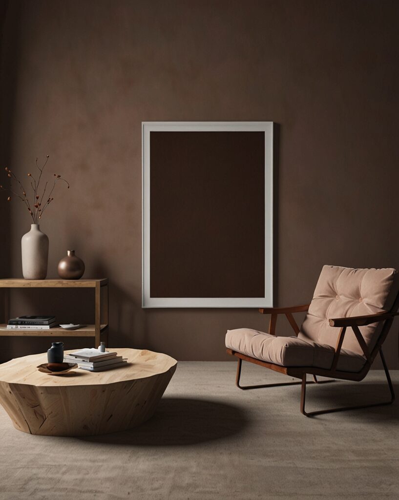 trendfarbe 2025 wohnprofis ein Raum gestaltet in der Trendfarbe - moderner Holztisch und ein Sessel