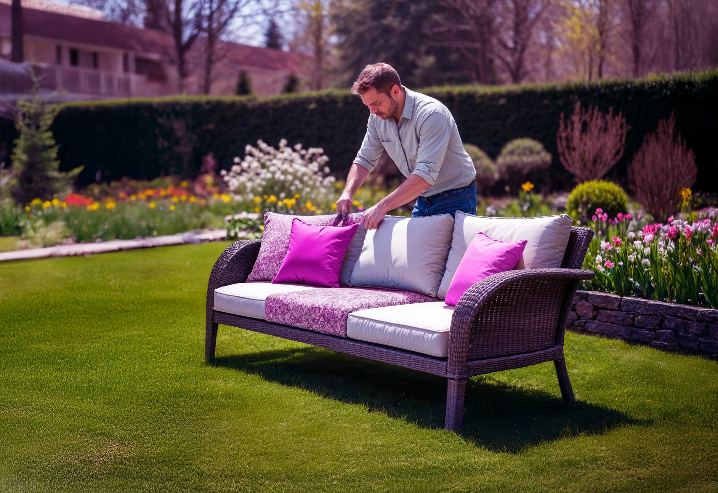 Ein Mann der ein Gartensitzbank neu bezieht- Möbelstoffe neu beziehen. Blick links