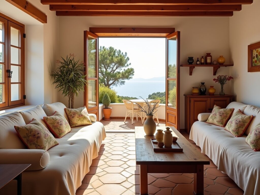 Wohnzimmer in einem mediteranen Umfeld mit Blick durch die offene Balkontür Richtung Meer