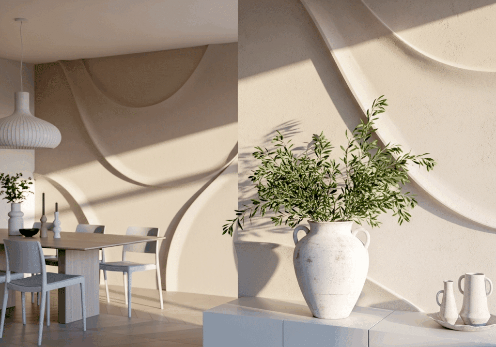 Blick von einem Wohnzimmer in ein Esszimmer und eine Strukturwand mit Kreisen