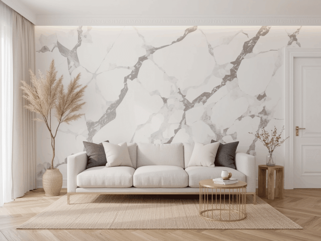 Wohnzimmerwand mit Marmormuster davor steht eine hellgraue Couch die zum sitzen einläd