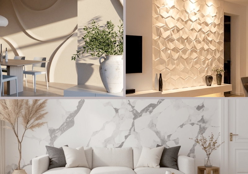 Drei Bilder mit verschiedenen Wandtechniken, Marmor, Dreidehtechnik und Strukturtechnik