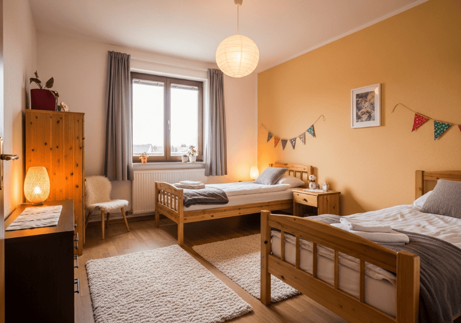 Einrichtung eines Enkel Kinderzimmers 2 einzelbetten an einer Orangen farbigen Kinderwand und Teppiche auf dem Laminatboden