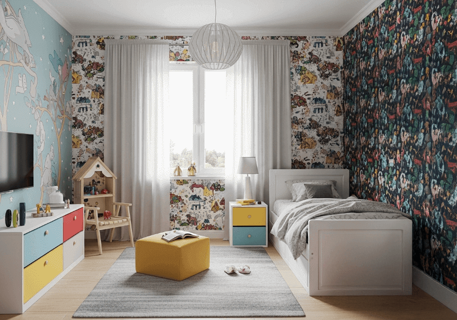 Einrichtung eines Enkel Kinderzimmers helles Zimmer mit Bunter Tapette an der Wand