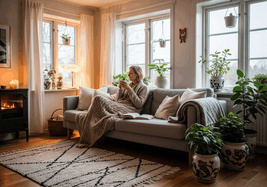 Wohntyp Hygge-Herzbluttyp – helle Sitznische mit Kissen, Plaids, Kerzenlicht und Winterblick, skandinavisches Hygge-Wohngefühl.