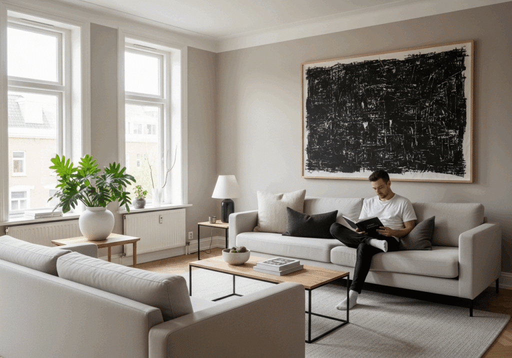 Wohntyp nummer 8 der minimalist, ein Mann auf der Couch sitzend mit einem Buch in der Hand