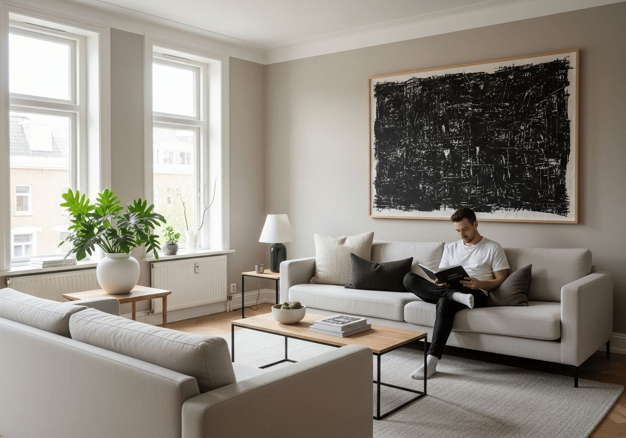 Wohntyp nummer 8 der minimalist, ein Mann auf der Couch sitzend mit einem Buch in der Hand