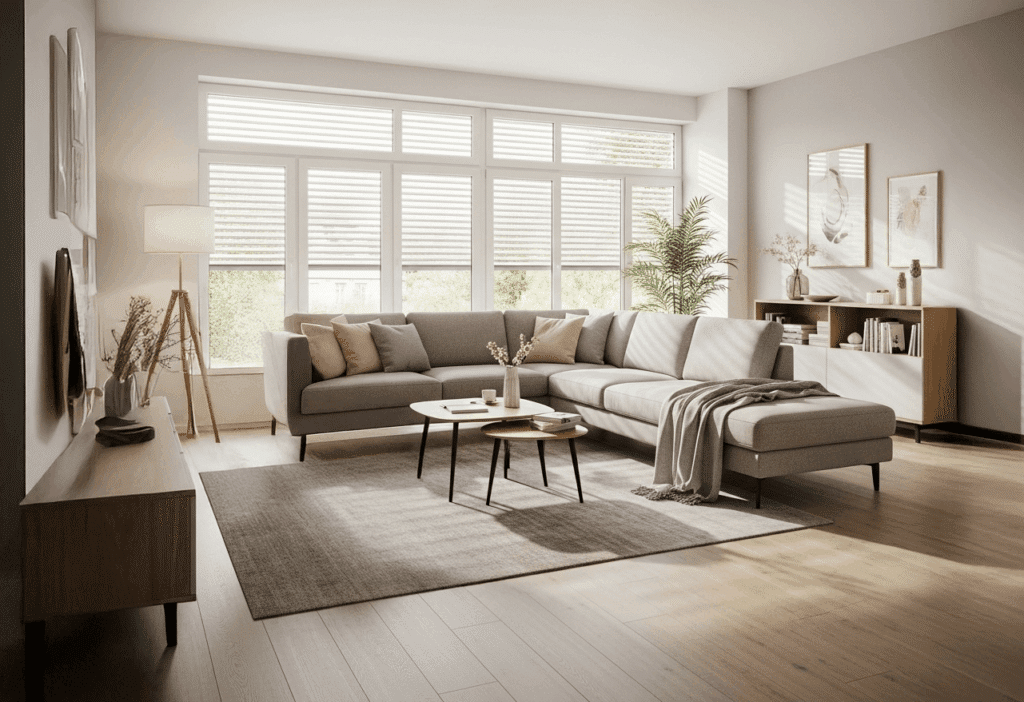 Barrierefreies offenes Wohnzimmer mit großer Fensterfront