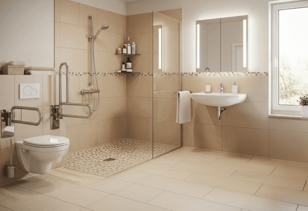 Barrierefreies Bad hellbeige Halterungsgriffe bei der Toilette und Bodenebene Dusche