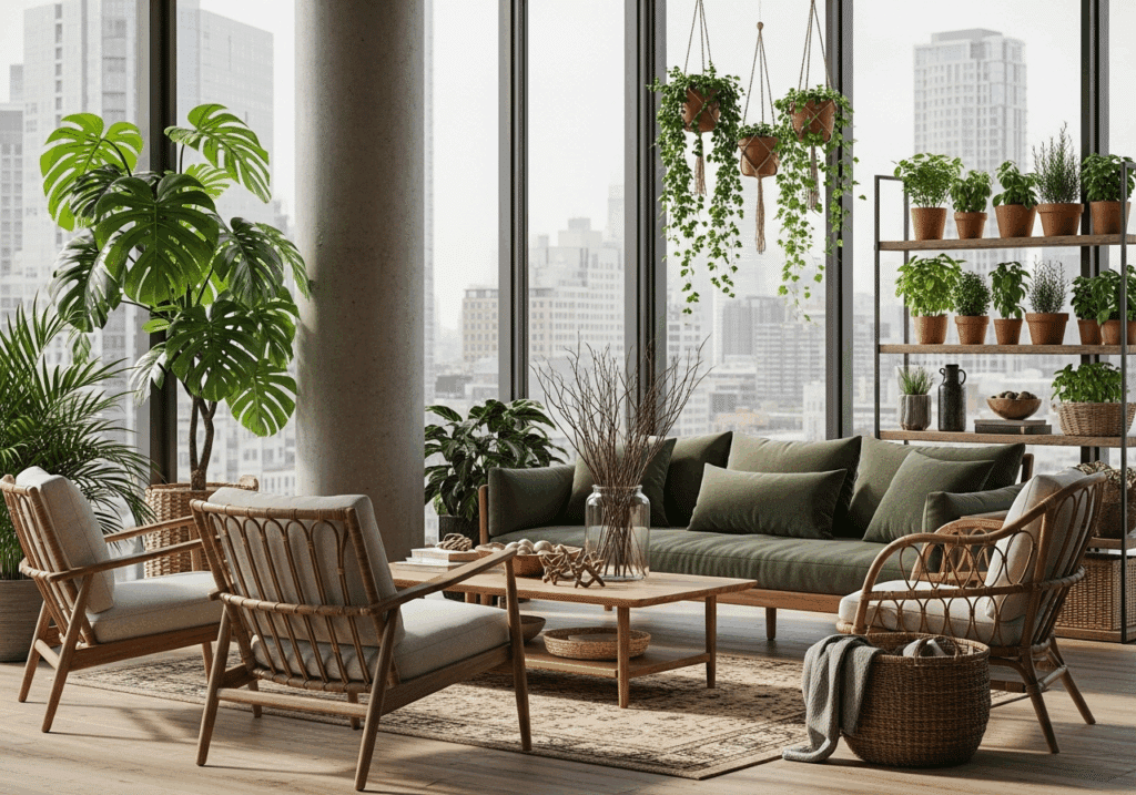 Wohntyp Urbane Kurator – Wohnzimmer mit grüner Couch, Rattanmöbeln und vielen Pflanzen, Stadtoase mitten in der Stadt.