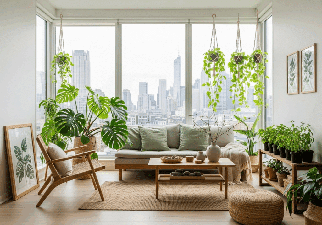 Wohntyp Urbane Kurator – Wohnzimmer mit Skyline-Blick, vielen Pflanzen wie Monstera und Hängepflanzen, Stadtoase mit natürlichem Wohnstil.