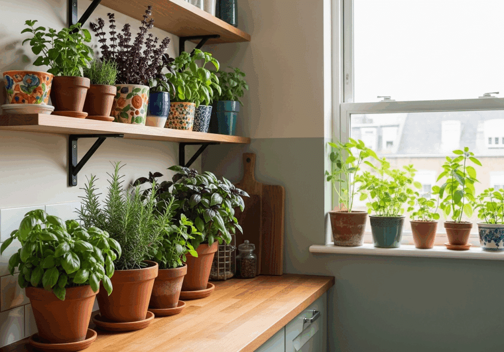 Wohntyp Urbane Kurator – Küche mit frischen Kräutern am Fenster, bunten Pflanztöpfen und Holzarbeitsfläche, urbaner Pflanzen-Wohnstil.