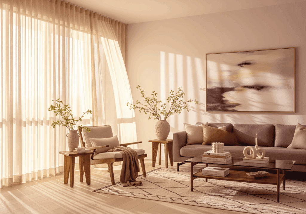 Helles Wohnzimmer mit beigen Gardinen, modernem Sofa, Holz-Sesseln und sanftem Lichteinfall.