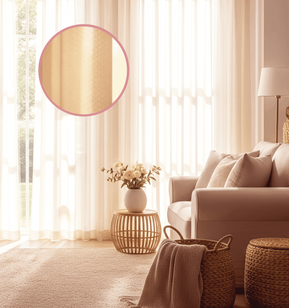 Detailaufnahme des Gardinenstoffes in Nahaufnahme mit Wohnzimmer im Hintergrund.