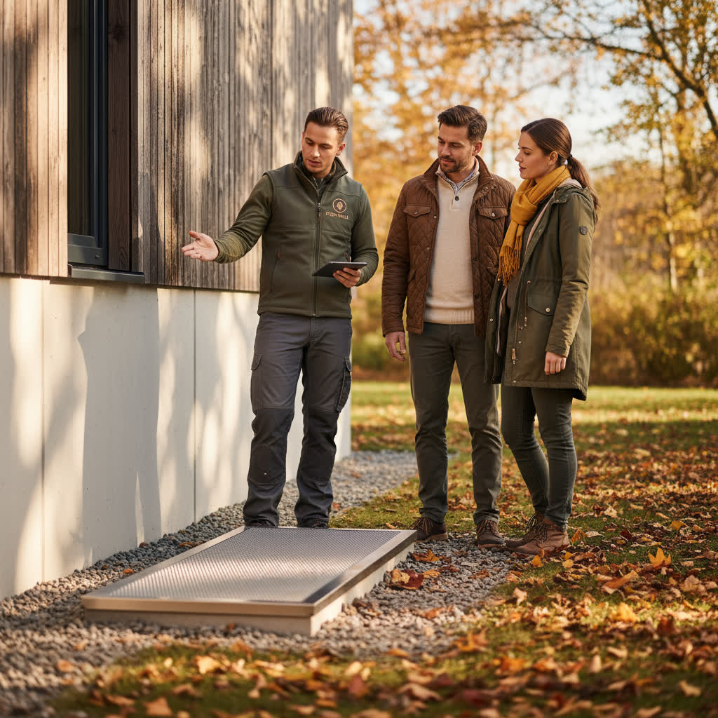 Wohn-Profi erklärt einem Paar im Herbst eine schmale Lichtschachtabdeckung aus Edelstahl vor einer modernen Hauswand. Beide tragen Jacken, umgeben von fallenden Blättern.