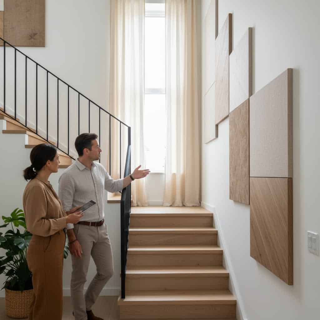 Ein Wohn-Profi erklärt einer Person im modernen Treppenhaus eines Einfamilienhauses eine Gestaltungslösung mit Akustikpaneelen und hellen Gardinen. Helles Tageslicht, ruhige, wohnliche Atmosphäre.