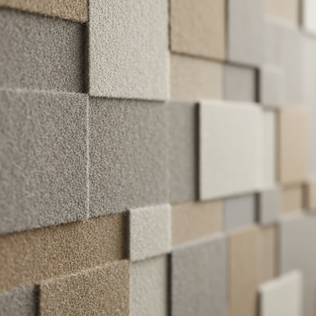 Nahaufnahme einer strukturierten Wandverkleidung aus Akustikpaneelen in Beige-, Grau- und Sandtönen. Weiches Licht betont Oberfläche und Materialtexturbeispiel