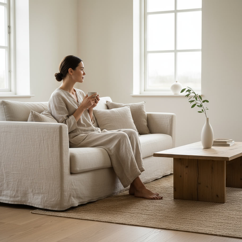 Helles, minimalistisches Wohnzimmer mit beiger Couch und einer Person, die entspannt eine Tasse hält. Natürliche Materialien, warme Farben und modern-gemütliche Einrichtung.
