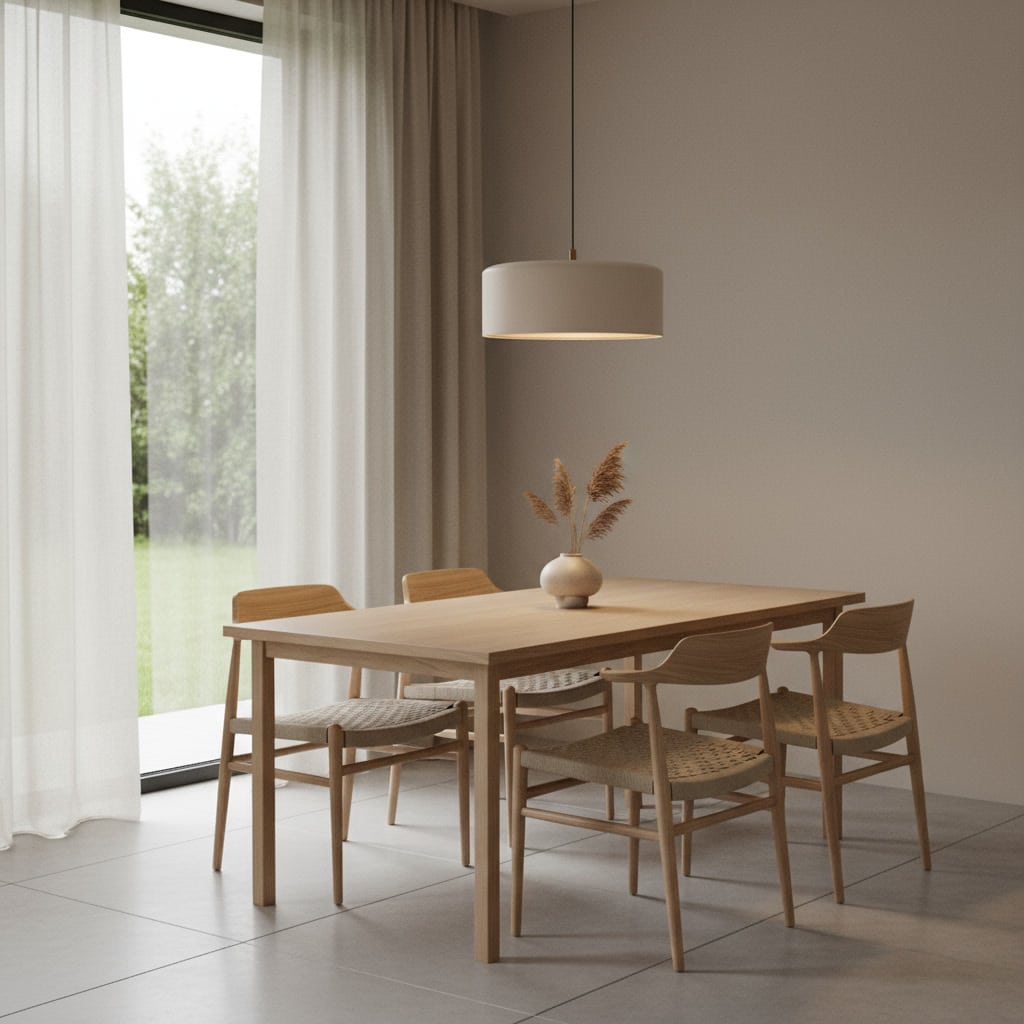 Minimalistischer Essbereich mit hellem Holztisch, vier Stühlen, großen Fenstern und lichtdurchfluteten Gardinen. Neutrale Wandfarben und ruhige, moderne Wohnatmosphäre.