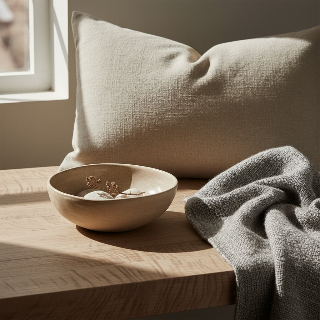 Detailaufnahme eines hellen Holztisches mit Keramikschale, gefaltetem grauen Tuch und beigefarbenem Kissen. Fokus auf natürliche Materialien, Texturen und warme Wohnästhetik.