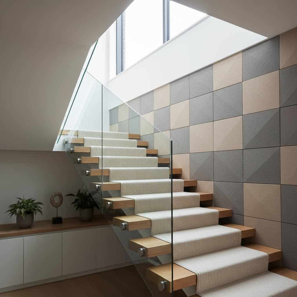 Ein helles, modernes Treppenhaus mit Holzstufen, Glasgeländer und Wandverkleidung aus schallabsorbierenden Akustikpaneelen in Naturtönen. Ruhige, wohnliche Atmosphäre mit Tageslicht.