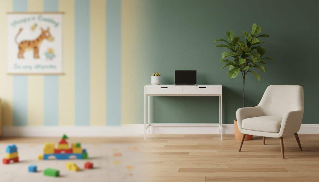 Ehemaliges Kinderzimmer im Vorher-Nachher-Vergleich: links ein buntes Spielzimmer, rechts ein modern gestalteter Raum mit Schreibtisch, Sessel und ruhigen Farben.