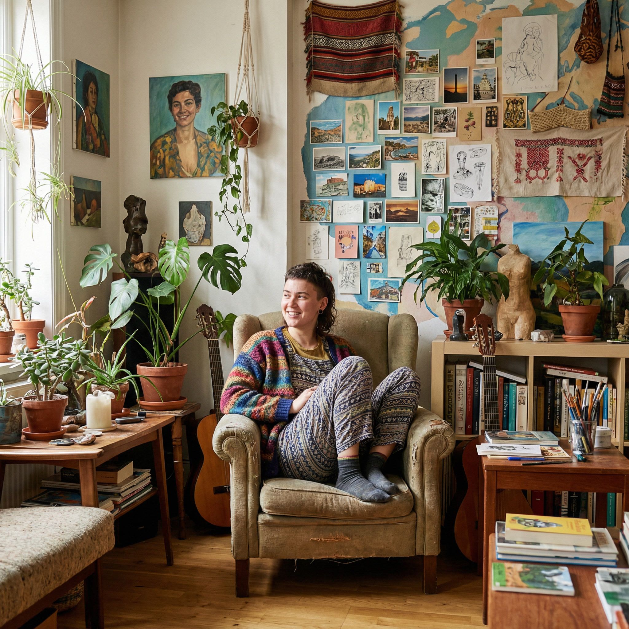 Eine Person sitzt entspannt in einem gemütlichen Sessel in einem farbenfrohen, kreativen Wohnraum. Umgeben von Pflanzen, Kunstwerken, Büchern und persönlichen Fundstücken entsteht eine lebendige, inspirierende Atmosphäre.