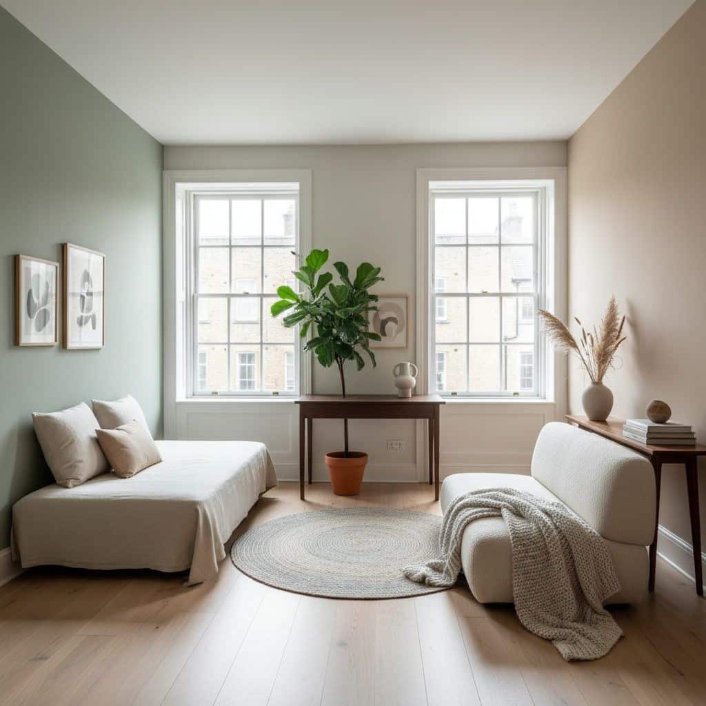 Heller Wohnraum mit Holzboden, Naturfarben, Textilien und Pflanzen – Beispiel für hochwertige Bodengestaltung und ruhige Raumwirkung.