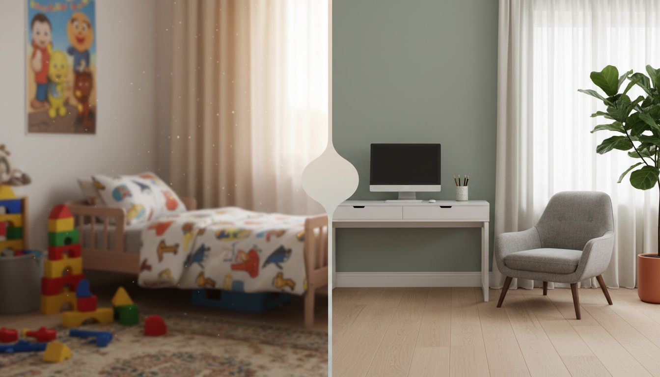 Sanft umgestaltetes ehemaliges Kinderzimmer mit dezenten Erinnerungsstücken und modernem Arbeitsplatz in ruhigen Grüntönen.